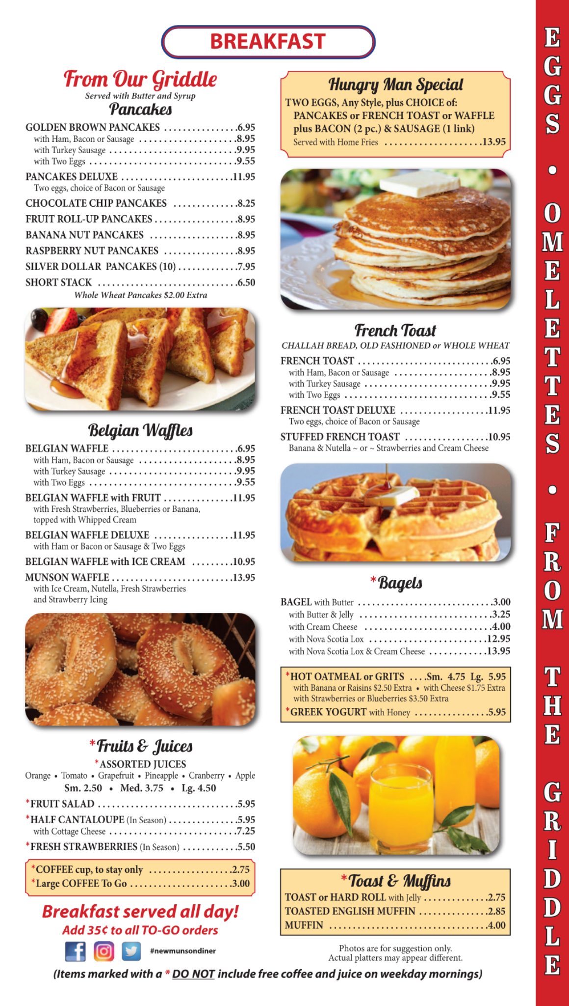 New Munson Diner eggs omelettes pancakes waffles French toast bagels fruit juices menu page